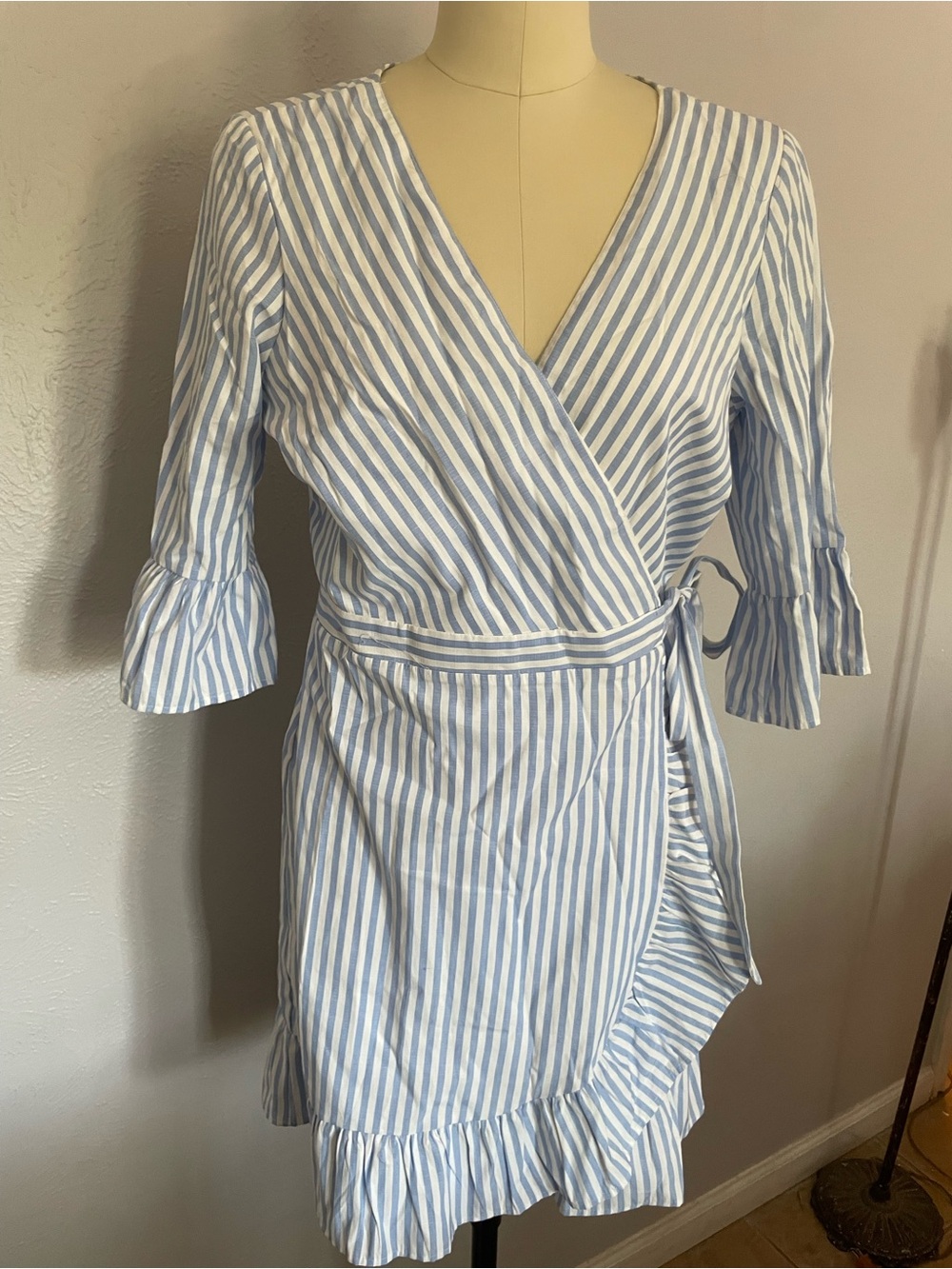 Striped Blue & White Wrap Mini Dress with Ruffle Trim